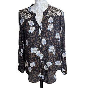 Figueroa & Flower Top Brown Cheetah & Floral long sleeve button down Women's PL